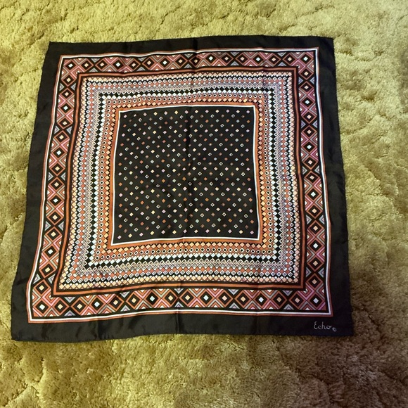Vintage Echo Silk Scarf Geometric Diamond Print Brown Rust Square - Picture 5 of 6